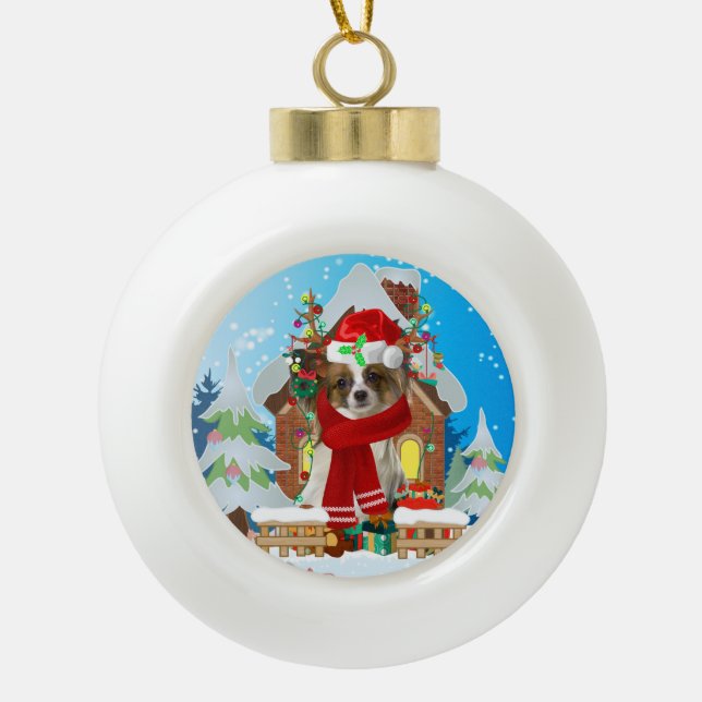 Papillon dog with Christmas gifts Ceramic Ball Christmas Ornament (Front)
