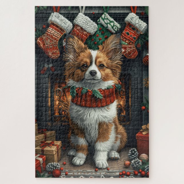 Papillon Dog With Christmas Gifts Fireplace Jigsaw Puzzle (Vertical)