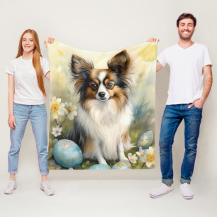 Papillon Dog with Easter Eggs Holiday Fleece Blanket