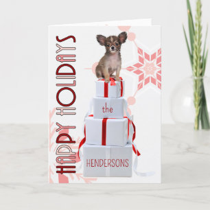 Papillon Dog with Presents   Red Christmas Card