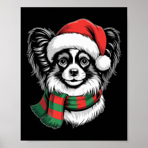 Papillon Dog Xmas Santa Hat Scarf Christmas Costum Poster