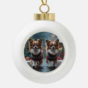 Papillon Dogs Christmas Snow Holiday Ceramic Ball Christmas Ornament