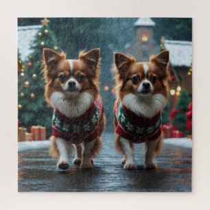 Papillon Dogs Christmas Snow Holiday Jigsaw Puzzle
