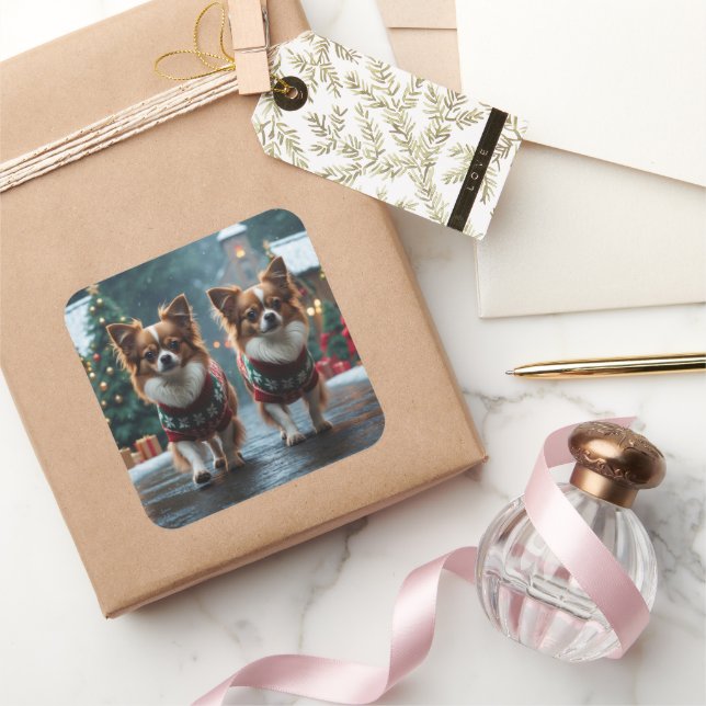 Papillon Dogs Christmas Snow Holiday Square Sticker (Gifting)