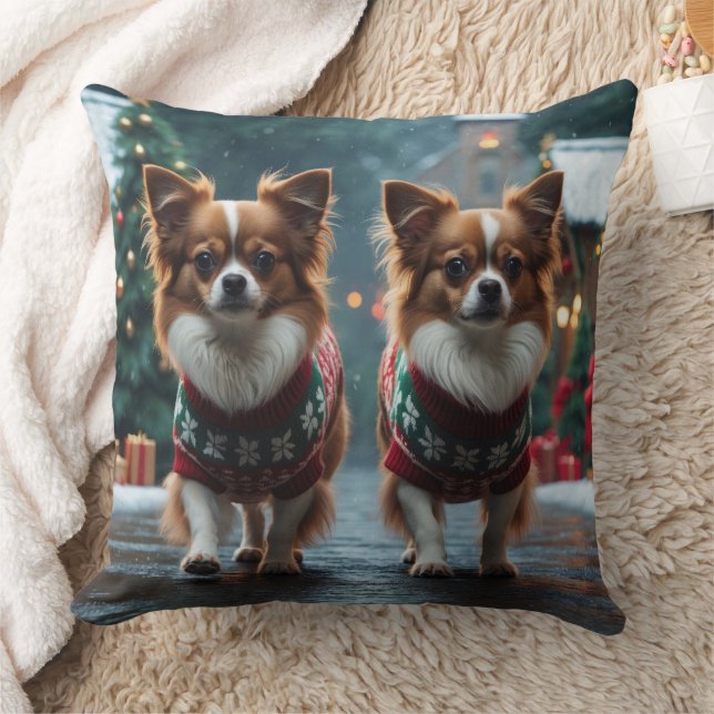 Papillon Dogs Christmas Snow Holiday Throw Pillow (Blanket)