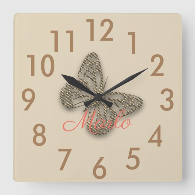 Papillon doré Ajouter un nom  Horloge murale (Recto)