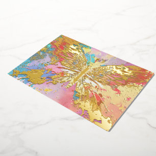 papillon doré, feuille d'or, carte bleu violet ros