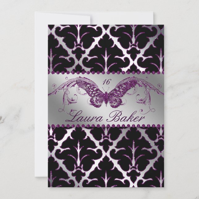 Papillon doux 16 Invitation Damas pourpre étincell (Devant)