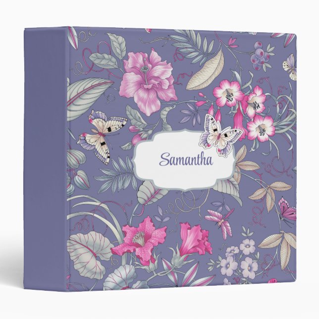 Papillon et fleurs Nom personnalisé Classeur cadea (Devant/Côté)
