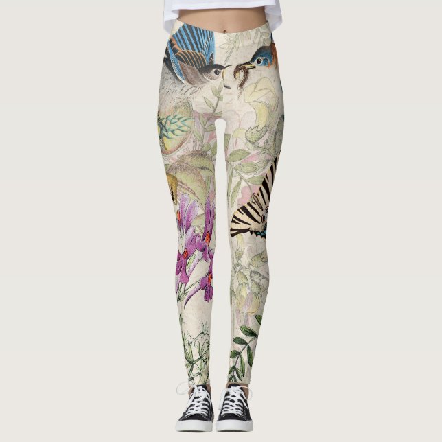 Papillon floral Legging d'oiseaux d'oiseau bleu (Devant)