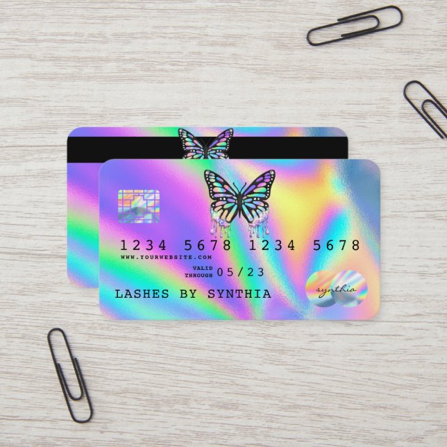 Papillon Holographe Style moderne de carte de créd (Devant/Arrière en situation)