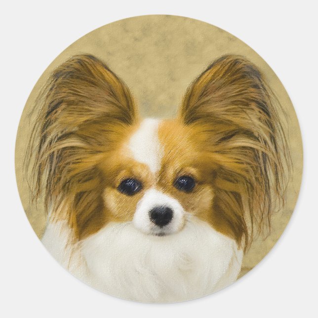 Papillon (Hound Tri) Painting - Original Dog Art Classic Round Sticker (Front)