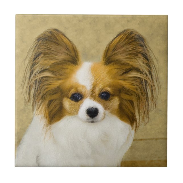 Papillon (Hound Tri) Painting - Original Dog Art Tile (Front)