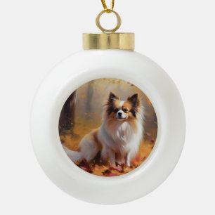 Papillon in Autumn Leaves Fall Inspire  Ceramic Ball Christmas Ornament