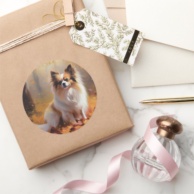 Papillon in Autumn Leaves Fall Inspire  Classic Round Sticker (Gifting)