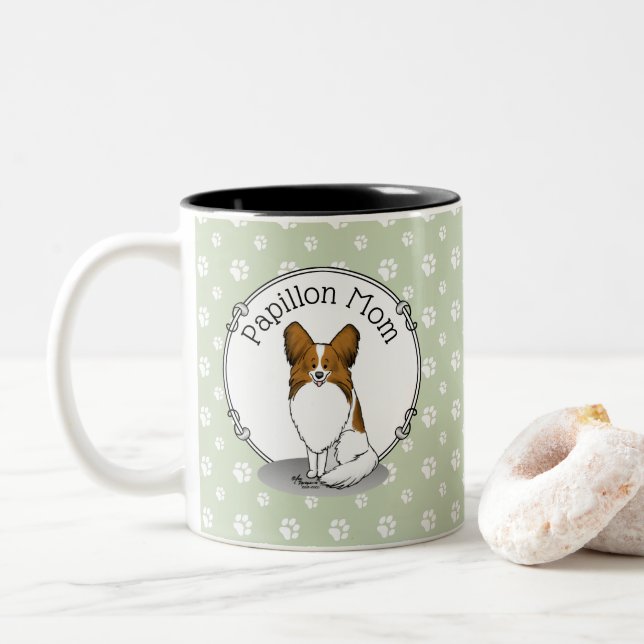 Papillon Mom Pap Mom (white & sable) Cute Dog Mom Two-Tone Coffee Mug (With Donut)