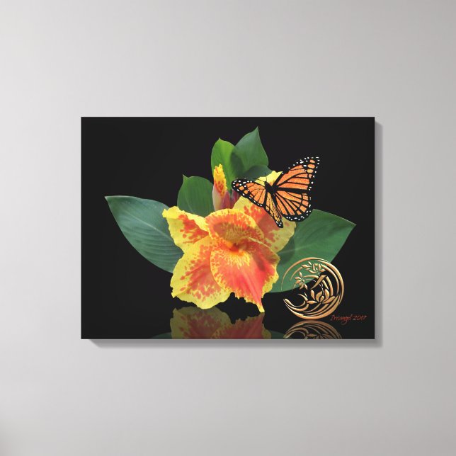 Papillon monarque et Lys canne sur toile (Recto)