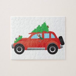 Papillon or Long-haired Chi driving Christmas car Jigsaw Puzzle