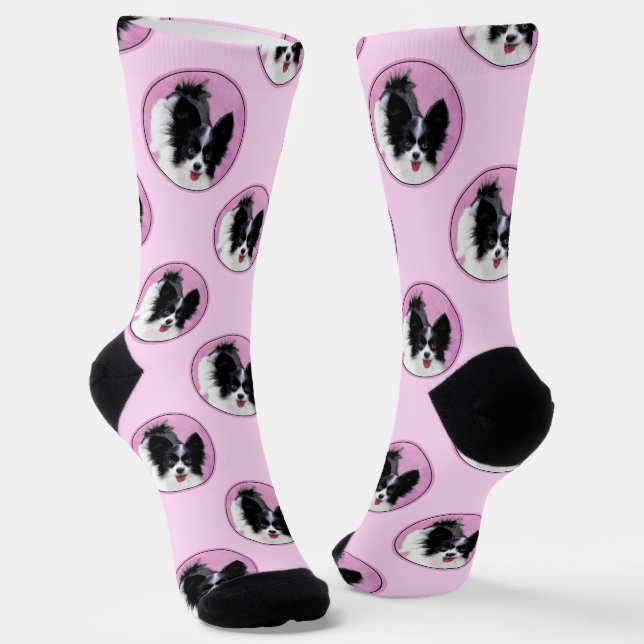 Papillon Painting Black and White Original Dog Art Socks (Angled)