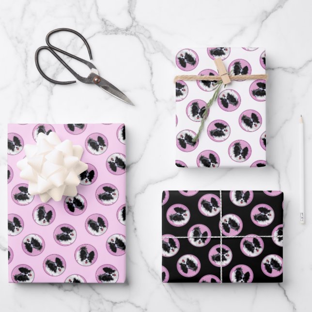 Papillon Painting Black and White Original Dog Art Wrapping Paper Sheet (Front)