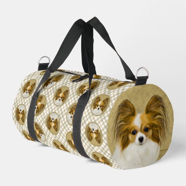 Papillon Painting Lemon and White Original Dog Art Duffle Bag (Left Corner)