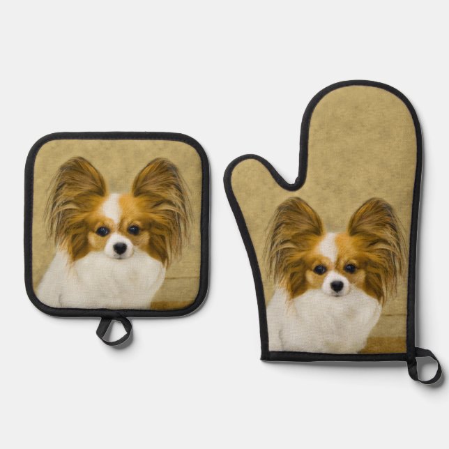 Papillon Painting Lemon and White Original Dog Art Oven Mitt & Pot Holder Set (Front)