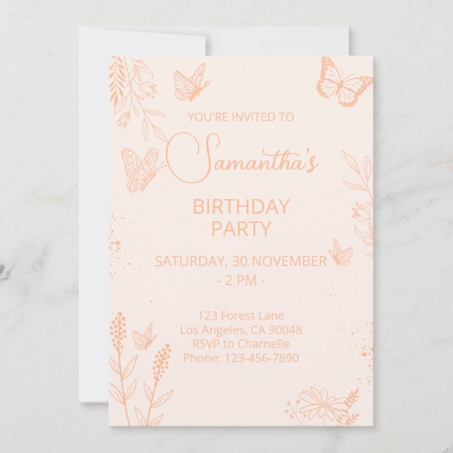 Papillon Peach Fuzz Invitation Anniversaire (Devant)