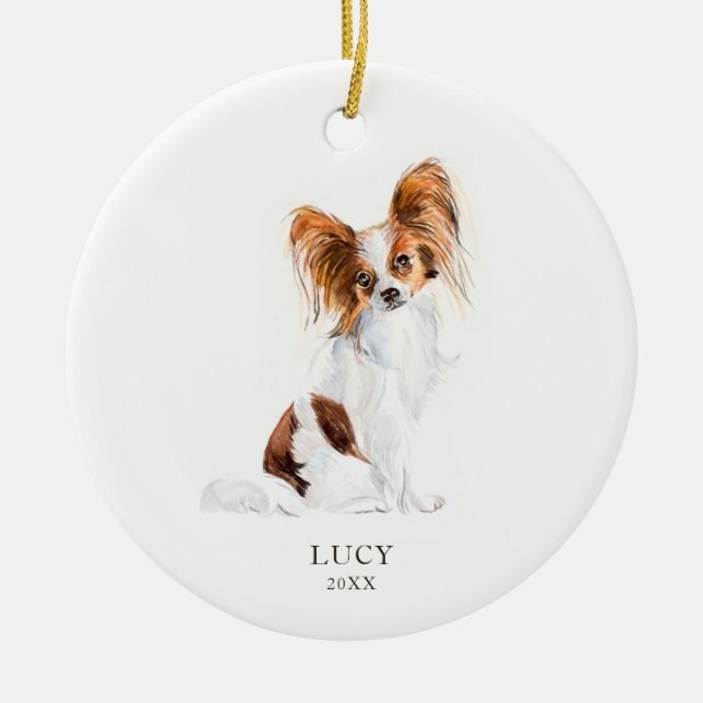 Papillon Pet Dog Watercolor Illustration Custom  Ceramic Ornament (Front)