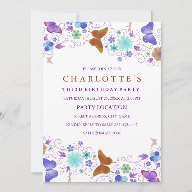 Papillon pourpre et joli | Invitation d'anniversai (Devant)