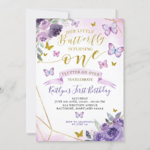 Papillon pourpre et or 1er anniversaire Invitation
