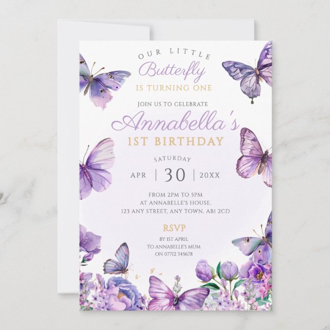Papillon pourpre Fête d'anniversaire Invitation Fb (Devant)