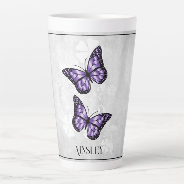 Papillon pourpre Floral Latte Mug personnalisé (Devant)