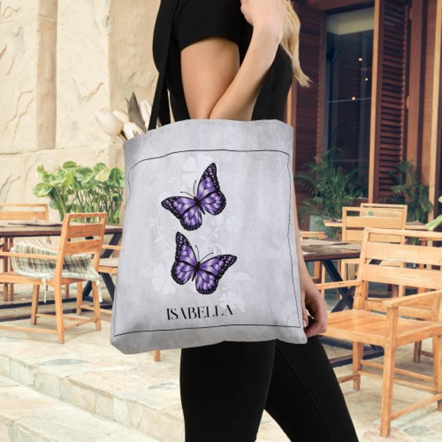 Papillon pourpre Floral Sac fourre-tout personnali (Purple Butterfly Floral Personalized Tote Bag)