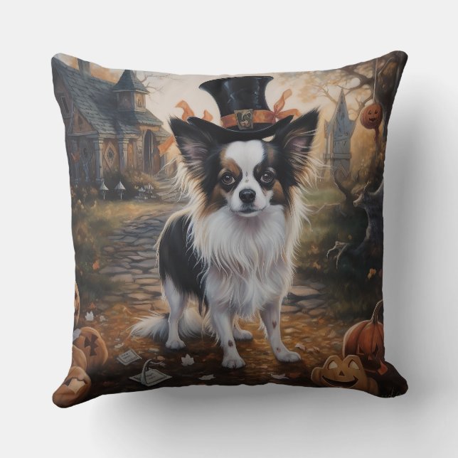 Papillon Pumpkins Halloween Scary  Throw Pillow (Back)