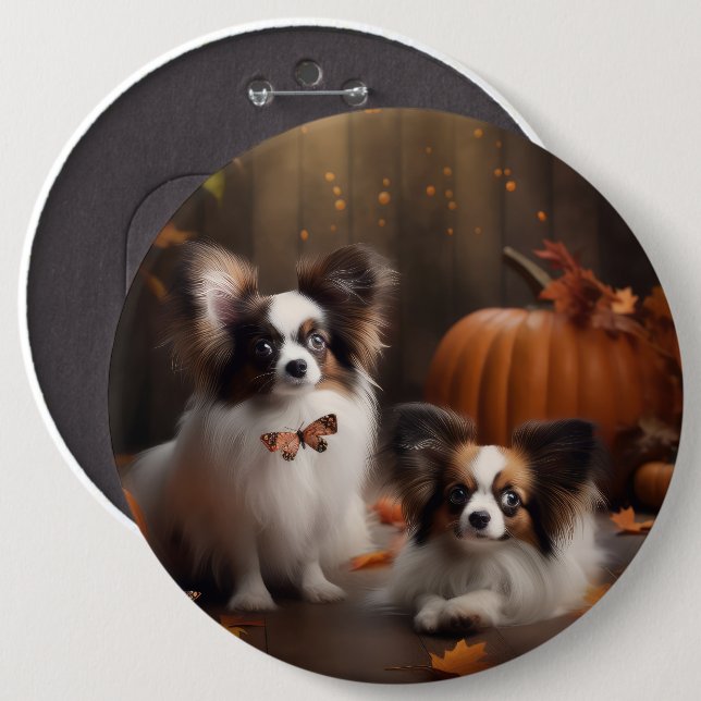 Papillon Puppy Autumn Delight Pumpkin 6 Inch Round Button (Front & Back)