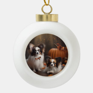 Papillon Puppy Autumn Delight Pumpkin Ceramic Ball Christmas Ornament