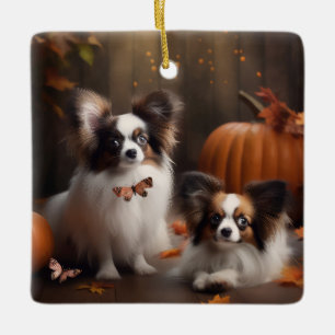 Papillon Puppy Autumn Delight Pumpkin Ceramic Ornament