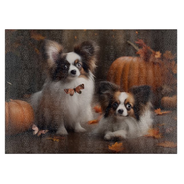 Papillon Puppy Autumn Delight Pumpkin Cutting Board (Front)