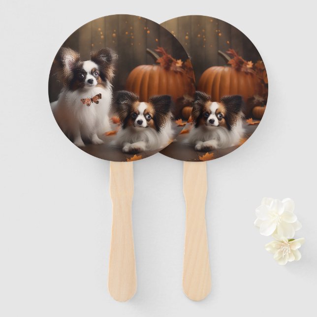 Papillon Puppy Autumn Delight Pumpkin Hand Fan (Front and Back)