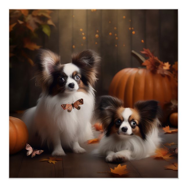 Papillon Puppy Autumn Delight Pumpkin Poster (Front)