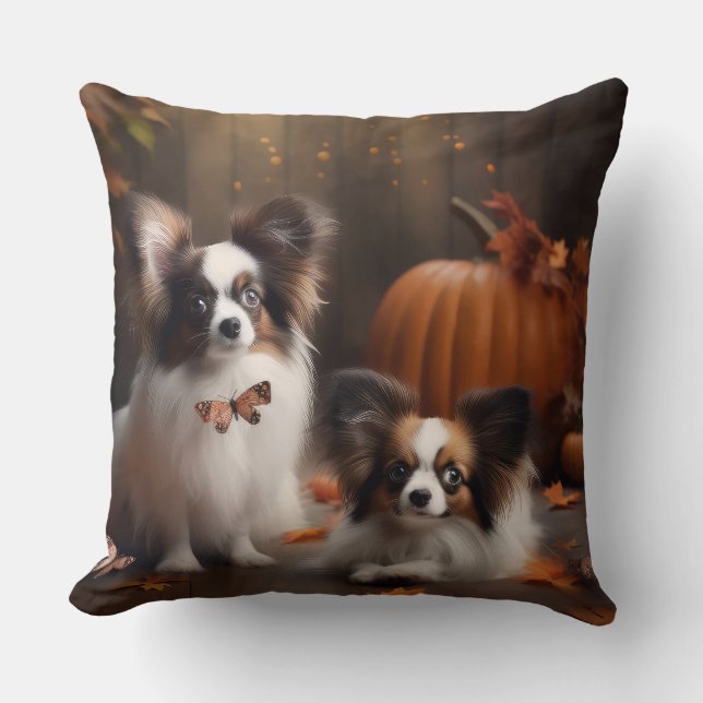 Papillon Puppy Autumn Delight Pumpkin Throw Pillow (Front)