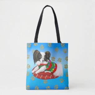 Papillon Puppy with green and red Christmas dress Tote Bag