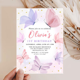 Papillon rose 1er anniversaire Invitation