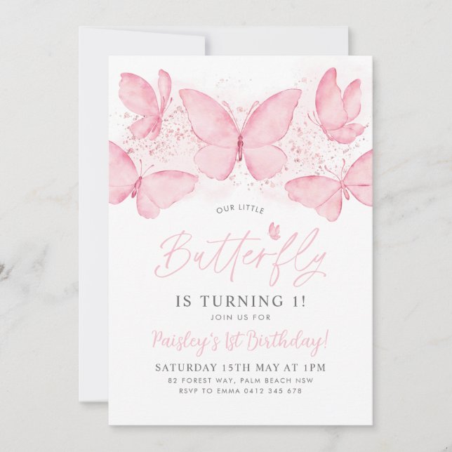 Papillon rose 1er anniversaire Invitation bébé fil (Devant)