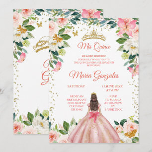 Papillon rose et or blanc Mis Quince Invitation