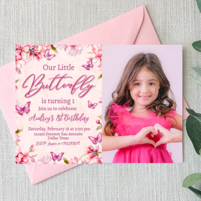 Papillon rose Floral Girl Invitation Anniversaire (Pink Butterfly Floral Girl Birthday Invitation with Photo)