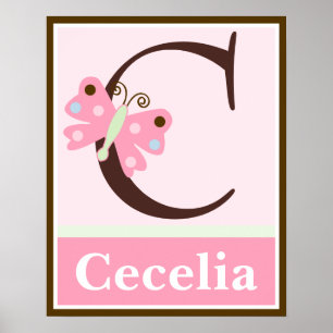 Papillon rose Lettre & Nom Poster d'Art Mur