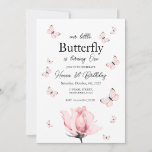 Papillon rose première invitation d'anniversaire