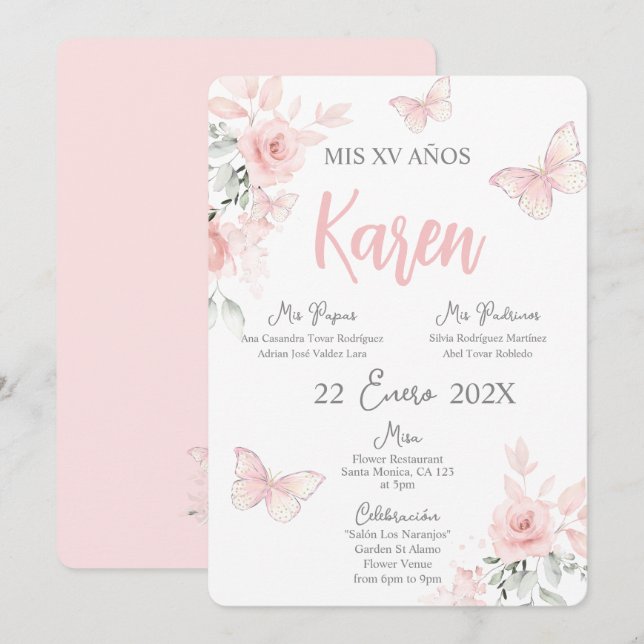 Papillon rose Quinceañera Invitation espagnole (Devant / Derrière)