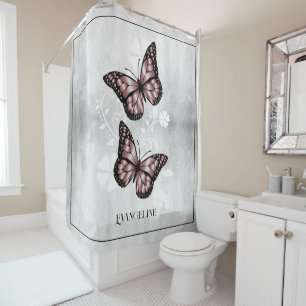 Papillon rose rideau de douche fleurie